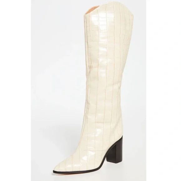 SCHUTZ Maryana Block Heel Boot Ivory Croc Embossed Leather Cowboy Knee High 6B - Picture 3 of 12